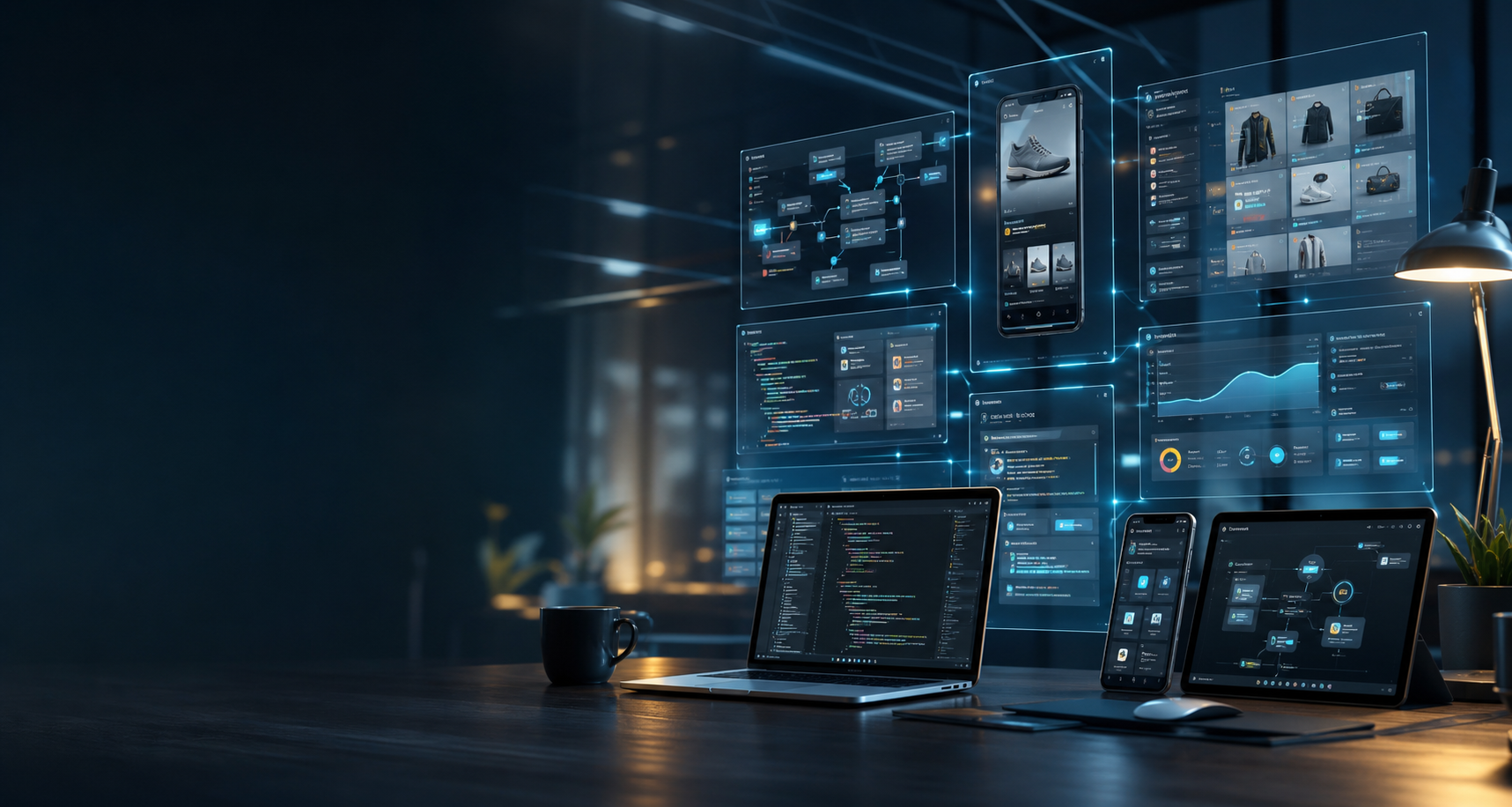 Software development service hero visual with application interfaces, dashboards, and workflow panels